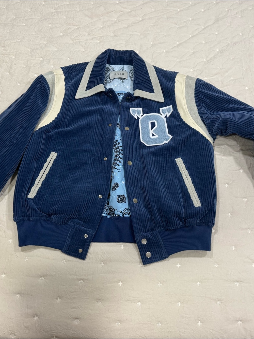 Women's Navy Corduroy Varsity Jacket with Cream Accents